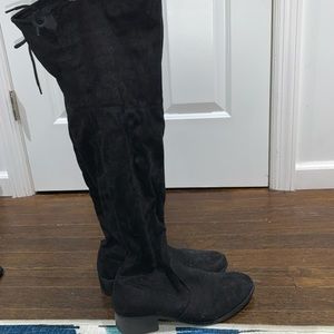 Black suede wide calf thigh high boots